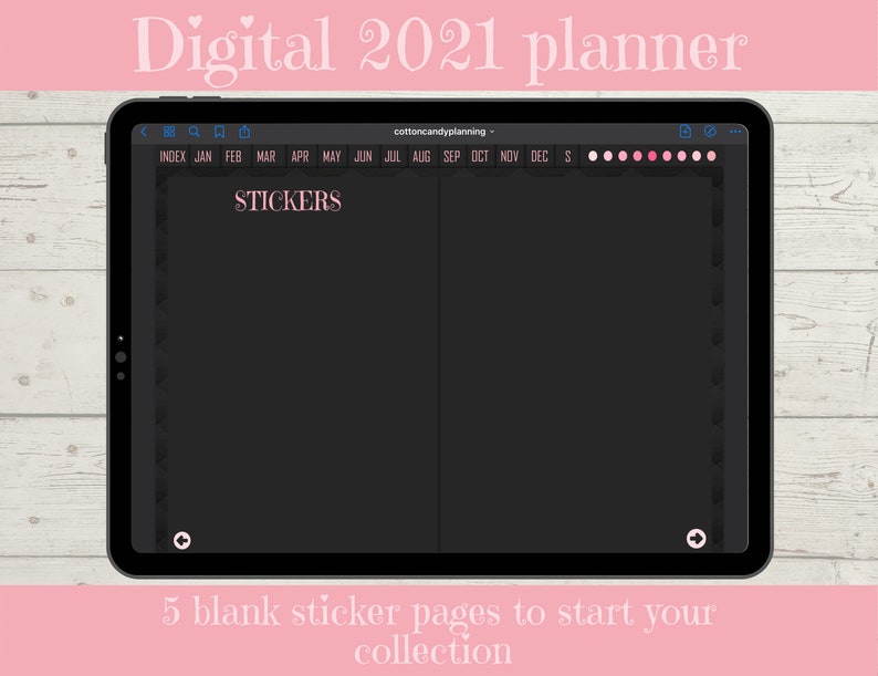 May include: A digital planner for the year 2021, displayed on a computer screen. The planner has a black background with white text and pink accents. The planner includes a section for stickers, with the text "STICKERS" displayed in white on a black background.