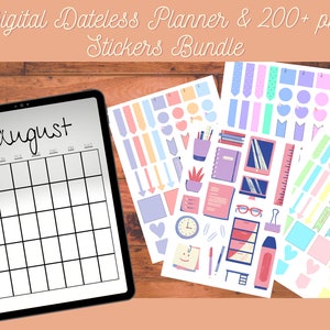 May include: A digital planner with a blank August calendar on a tablet screen. The image also includes a set of colourful digital stickers with various designs, including arrows, hearts, stars, and office supplies.