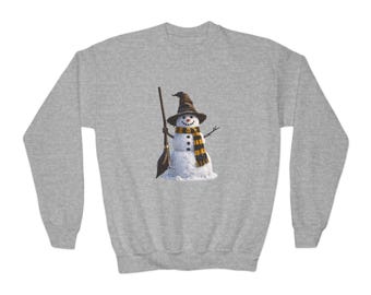 Youth Wizard Snowman Sweatshirt | Winter Snowman with Broom and Scarf