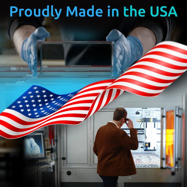 Puede incluir: Un bloque de vidrio rectangular transparente sostenido por manos enguantadas, con el texto Proudly Made in the USA. Una gran bandera estadounidense superpone la escena, mientras una persona con chaqueta marr&oacute;n opera una m&aacute;quina l&aacute;ser.