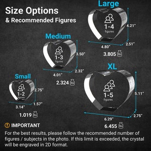 Puede incluir: Cuatro bloques de vidrio transparente en forma de coraz&oacute;n etiquetados como Small, Medium, Large y XL. Se incluyen dimensiones en pulgadas y pesos en libras para cada uno. El texto incluye Size Options, Recommended Figures y una nota importante.