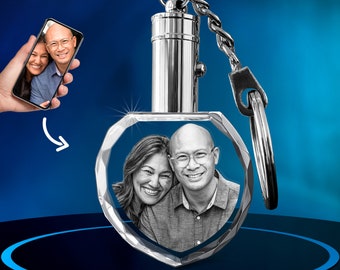 Custom Heart Photo Keychain, Personalized Crystal Keepsake, LED Light Charm