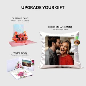 May include: A promotional graphic titled UPGRADE YOUR GIFT featuring a 3D pop-up greeting card with hearts and the word LOVE, a video book with floral covers, and a square pillow showing a split-screen photo comparison for colour enhancement.