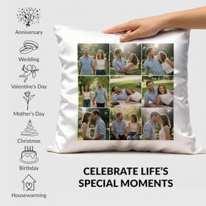 May include: A white square throw pillow featuring a collage of nine photographs of couples in outdoor settings. To the left, icons represent occasions with text labels: Anniversary, Wedding, Valentine's Day, Mother's Day, Christmas, Birthday, Housewarming. Text reads: CELEBRATE LIFE'S SPECIAL MOMENTS.