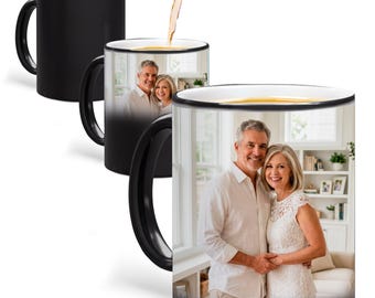 May include: Three ceramic mugs with a heat-sensitive black exterior that reveals a photographic print of a couple when hot liquid is poured inside. The mugs feature a white interior and a handle, showing the transition from black to a photo.