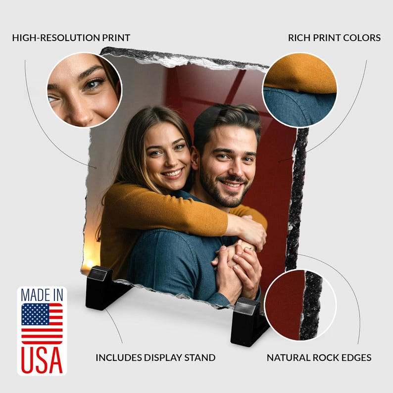 May include: A square photo slate featuring a high-resolution print of a smiling couple embracing. The slate has natural, jagged rock edges and is supported by two black plastic display stands. Text labels highlight features like high-resolution print, rich print colors, natural rock edges, and includes display stand.