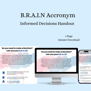 B.R.A.I.N Acronym, Informed consent, Informed consent handout, Pregnancy, Birth education, New baby, Doula tool, Doula, BRAIN, labor