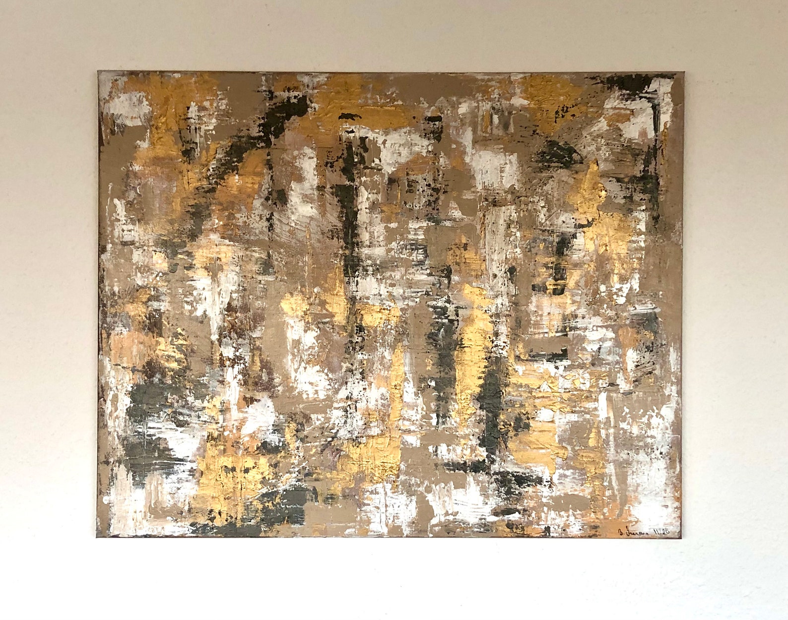 Abstract spatula acrylic painting Beige Gold Etsy