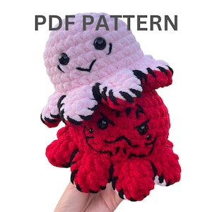 May include: Two crocheted octopus plushies, one pink and one red, with black stripes. The pink octopus has a happy face and the red octopus has an angry face.  PDF PATTERN.