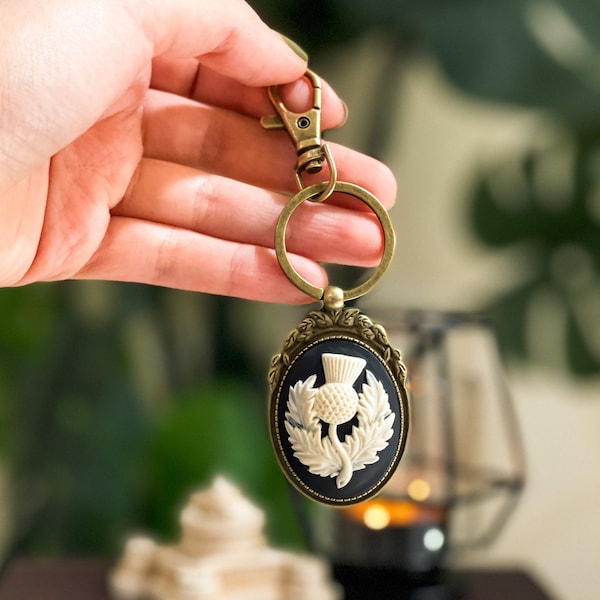 Scottish Thistle Cameo Keychain Floral Key Ring House Key Holder Cameo Keychains Vintage Keychain Accessory