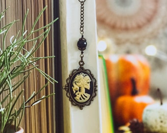 Skeleton Lady Bookmark  Skull Cameo Bookmark  Blind Date with a Book  Dangle Metal Bookmark  Hook Bookmark  Gothic Skeleton Page Marker