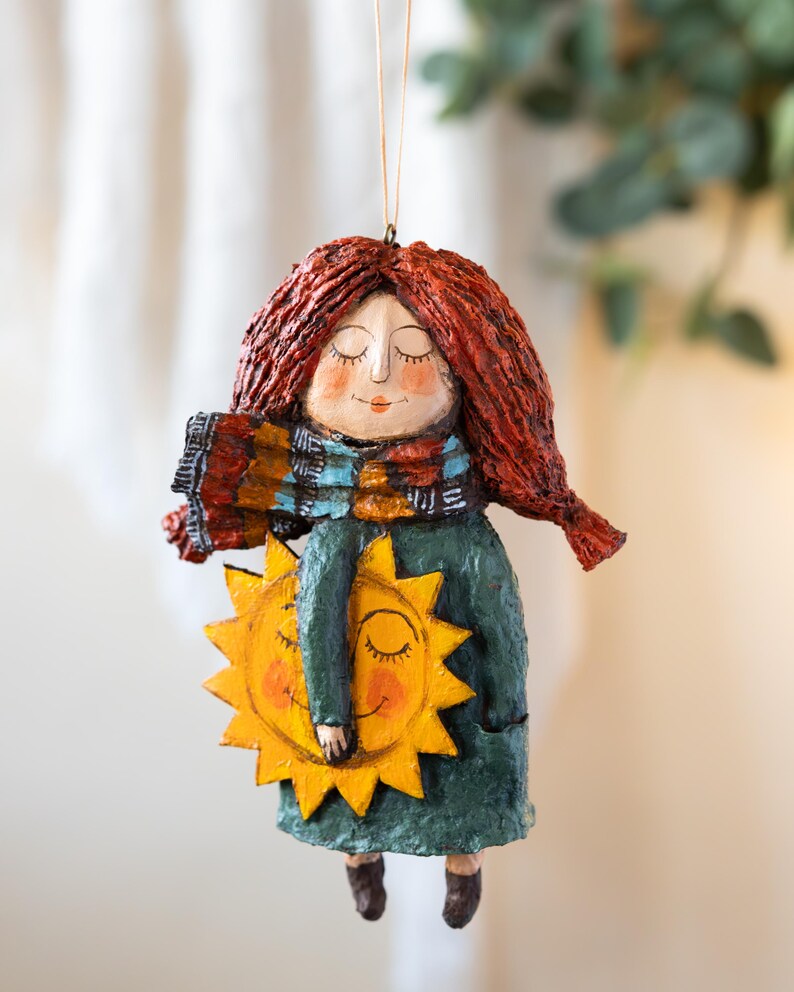 Paper Mache Little Girl With the Sun, Handcrafted Papier Mache Ornament