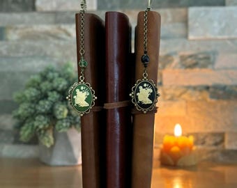 Fairy Cameo Bookmark: Vintage Green, Black Dangle Page Marker, Fantasy Book Accessory