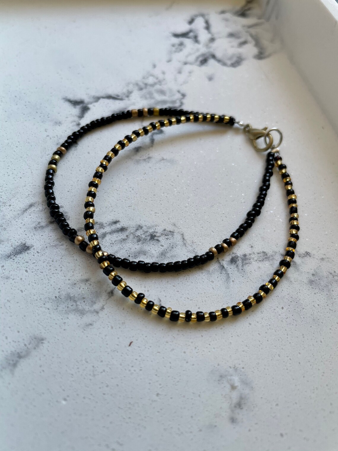 Black and Gold Seed Bead Bracelet Double String Beaded Etsy