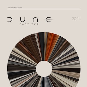Peut inclure: Affiche de film pour Dune : Deuxième partie, un film de science-fiction réalisé par Denis Villeneuve. L'affiche présente un design circulaire avec un dégradé de couleurs rouge, orange et marron. Le titre "Dune : Deuxième partie" est affiché dans une police minimaliste en haut de l'affiche, ainsi que la date de sortie "2024". L'affiche comprend également la classification "PG-13 PARENTS STRONGLY CAUTIONED" et une description de l'intrigue du film.