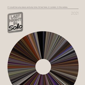 Puede incluir: Un póster de película para la película "Last Night in Soho", dirigida por Edgar Wright. El póster presenta un diseño circular colorido con el título de la película y la fecha de estreno, 2021.