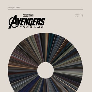 Könnte beinhalten: Eine kreisförmige Grafik, die die Farbstreifen aus dem Film "Avengers: Endgame" von 2019 zeigt. Der Text "I love you 3000." befindet sich oben auf der Grafik. Der Text "Avengers: Endgame" befindet sich unter der Grafik. Der Text "Directed by the Russo Brothers" befindet sich unten auf der Grafik. Der Text "Written by Christopher Markus and Stephen McFeely" befindet sich unter dem Text "Directed by the Russo Brothers". Der Text "After the devastating events of Infinity War, the universe is in ruins. With the help of remaining allies, the Avengers assemble once more in order to reverse Thanos' actions and restore balance to the universe." befindet sich unter dem Text "Written by Christopher Markus and Stephen McFeely". Der Text "2h 1min Action, Adventure, Drama 26 April 2019" befindet sich unter dem Text "After the devastating events of Infinity War, the universe is in ruins. With the help of remaining allies, the Avengers assemble once more in order to reverse Thanos' actions and restore balance to the universe."
