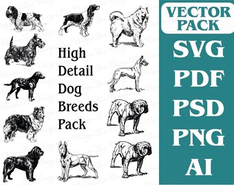 Hochdetaillierte Hunderassen-Datei-Bundle für Laserschneiden, Silhouette, Cricut (Svg, Eps, Dxf, Ai, Png usw.)