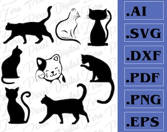 Kitty Cats-bestandsbundel voor lasersnijden, silhouet, Cricut (svg, eps, dxf, ai, png, enz.)