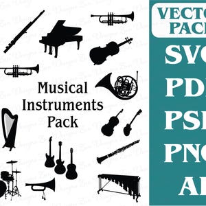 May include: A black and white vector pack of musical instruments, including a guitar, trumpet, violin, piano, drums, saxophone, harp, flute, and more. The text "Musical Instruments Pack" is in the centre of the image. The text "VECTOR PACK" is in the top right corner of the image. The text "SVG, PDF, PSD, PNG, AI" is in the bottom right corner of the image.
