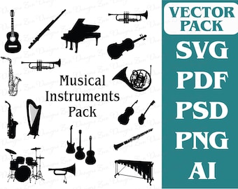 Muziekinstrumenten-bestandsbundel voor lasersnijden, silhouet, Cricut (svg, eps, dxf, ai, png, enz.)
