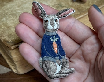 Brooch "Hare in a Cozy Sweater with a Carrot", Hand embroidery !!!Handcrafted-to-Order