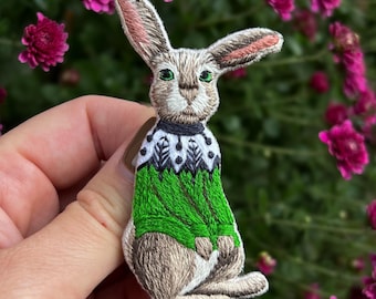 Brooch “Hare in a Grassy Green Sweater”, Hand embroidery !!!Handcrafted-to-Order