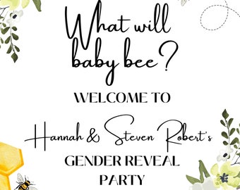 what will baby bee gender reveal sign, welcome sign, yard sign, gender reveal party, bee theme, honeycomb, beehive, bee gender reveal