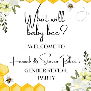 qu’est-ce que le genre de bébé abeille révélera le signe, le signe de bienvenue, le signe de cour, la fête de révélation de genre, le thème de l’abeille, le nid d’abeille, la ruche, la révélation du genre de l’abeille