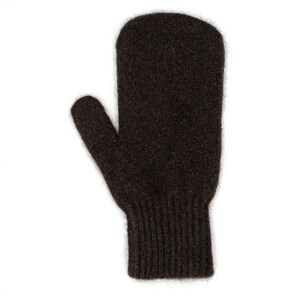 May include: A pair of brown knitted mittens with a fold-over cuff.