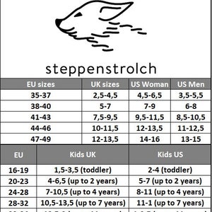 Puede incluir: Una tabla de tallas de calzado, que muestra tallas de la UE, Reino Unido y EE. UU. para mujeres, hombres y ni&ntilde;os. La tabla incluye el nombre de la marca "steppenstrolch" y un logotipo de una cabeza de animal. La tabla proporciona conversiones de tallas.