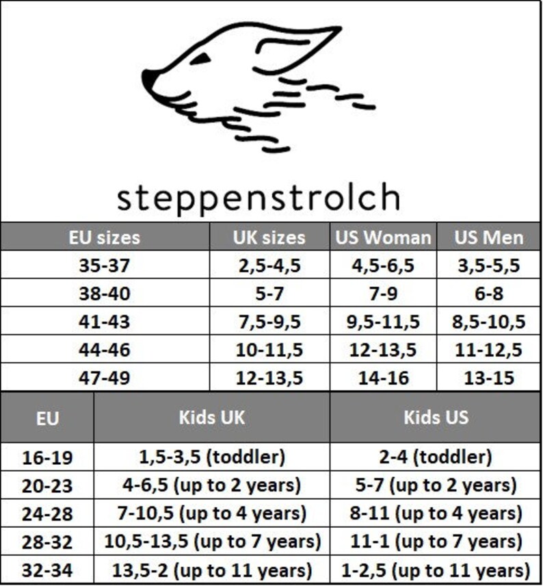 Puede incluir: Una tabla de tallas de calzado, que muestra tallas de la UE, Reino Unido y EE. UU. para mujeres, hombres y ni&ntilde;os. La tabla incluye el nombre de la marca "steppenstrolch" y un logotipo de una cabeza de animal. La tabla proporciona conversiones de tallas.