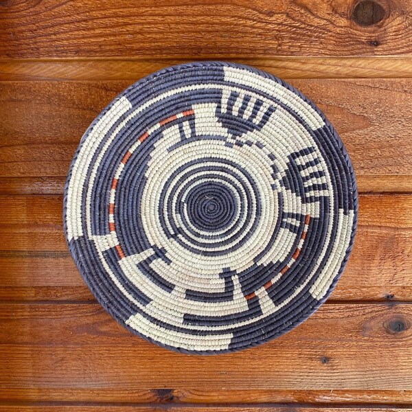 13.5” Bold Boho Woven Seagrass Southwest Style Hanging Flat Basket for Basket Wall. Black Dark Brown Natural White Basket. Wall Gallery.