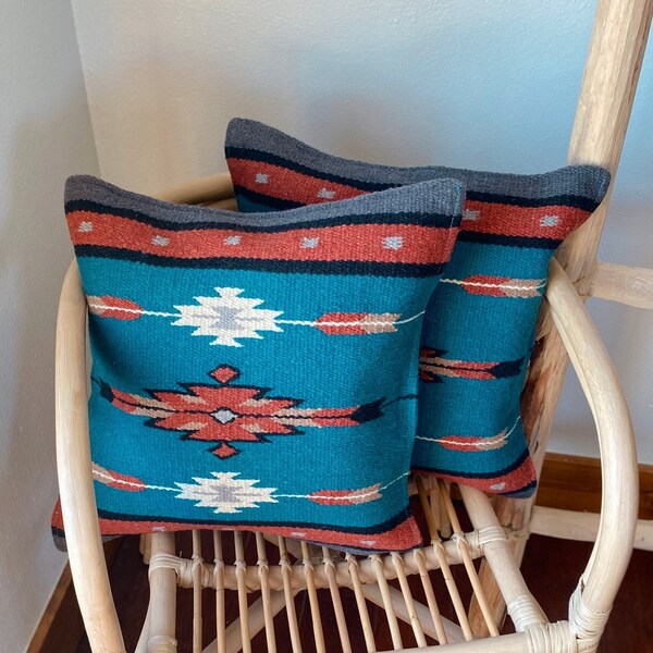 Pair of 18" Zapotec Pillows. Southwest Throw Pillows. Aztez Pillows. Decorative Wool Pillows. Santa Fe Room Decor Aesthetic. Mexican Pillows