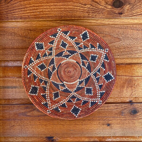 14” Colorful Boho Woven Seagrass Southwest Style Hanging Flat Basket for Basket Wall- Black, Tan/Brown, Rust, Natural Basket. Large Basket.