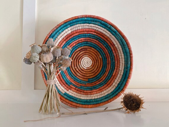 Spiral Round Wicker Flat Basket Wall Hanging Woven Tray Decor 16 in