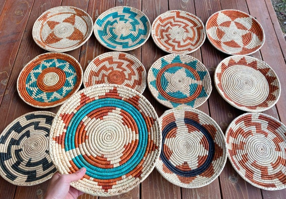 1112 Southwest Flat Basket Wall Decor. Hanging Flat Basket TEAL Turquoise,  Green, Blue, Burnt Orange, Rust, Black, Natural Boho Basket 