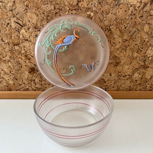 Art Nouveau Vintage Powder Box | Enamel Decor | Antique Satin Glass Dresser Powder Box | Handpainted Vanity Jar