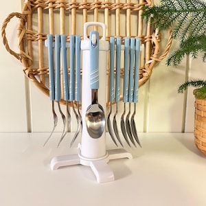 Set di posate vintage con supporto / Set da 20 pezzi in acciaio inossidabile blu / Colore pastello retrò anni &#39;80 con manici in plastica / Set da pranzo alla moda