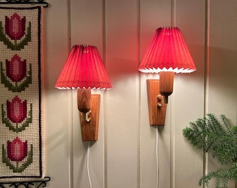 Pair of Danish Oak Wall Sconces with Vintage Shades | Scandinavian Mid Century Light 1960s | Nordic Home Interior
