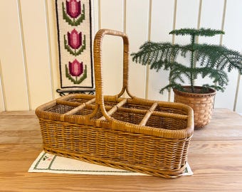 Vintage Wicker Rattan Bottle Basket with Handle | Woven 1970s Danish Bohemian Interior | Scandinavian Hygge