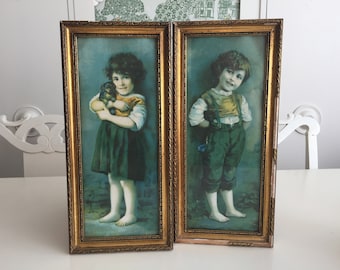 Vintage Pictures | Children | Set of 2 Old Frames | Rustic | Country Home Decor | Farmhouse