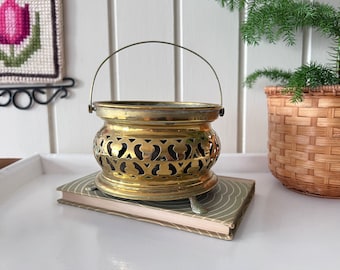 Antique Teapot Warmer with Inserts | Footed Brass with Perforated Decor | Old Kitchen | Patinated Farmhouse Cottage