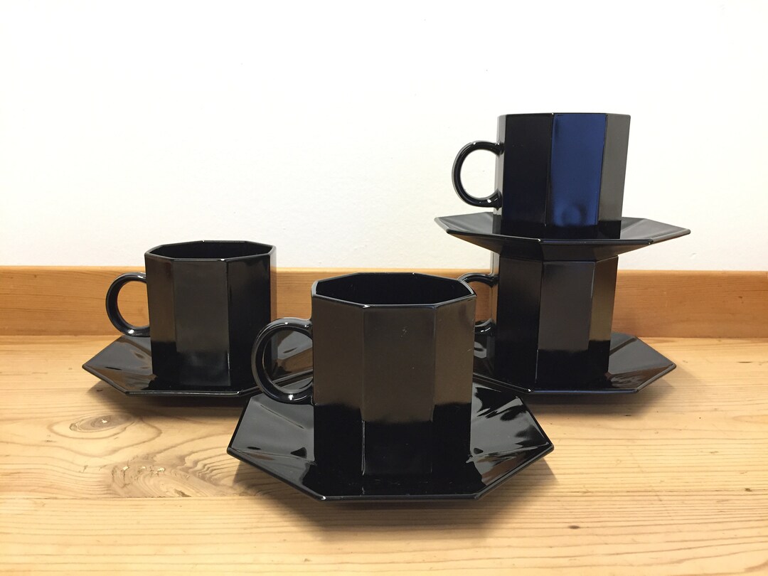 4 Vintage LUMINARC Octime Octagonal Cups and Saucers in Black Etsy
