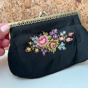 Vintage Black Evening Purse with Petit Point Decor | 1950s Vintage