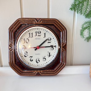 Vintage Ceramics Wall Clock | Genfa Quartz Sweden Mid Century | Carl Westh Design | Brown Glazed Ornated Frame | Junghans Quartz