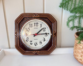 Vintage Ceramics Wall Clock | Genfa Quartz Sweden Mid Century | Carl Westh Design | Brown Glazed Ornated Frame | Junghans Quartz