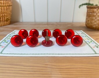 Vintage Swedish Drawer Knobs | Set of 10 Scandinavian Red Solid Glass and Brass | Nordic Home Interior 1970s