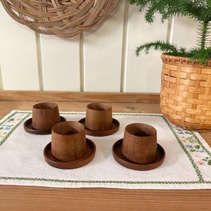 Vintage Teak Egg Cups | Set of 4 with Coasters | Danish Mid Century Modern | Wooden Handmade Tableware