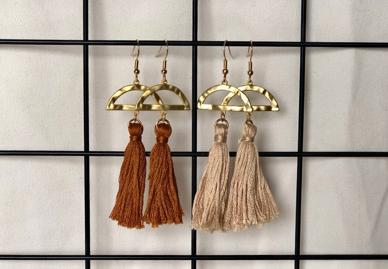 Crescent Beige Tassel Earrings